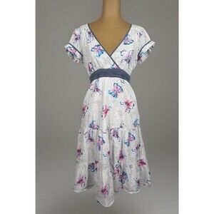 Fat Face Butterfly White Short Sleeve Tie Back Dress Cotton Women’s Size 10